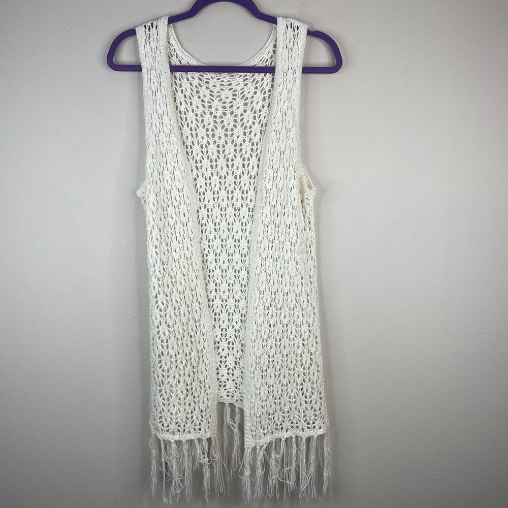 Pink Rose Crochet Sweater Vest Womens Medium Festival Hippie Longline Fringe - Picture 1 of 12